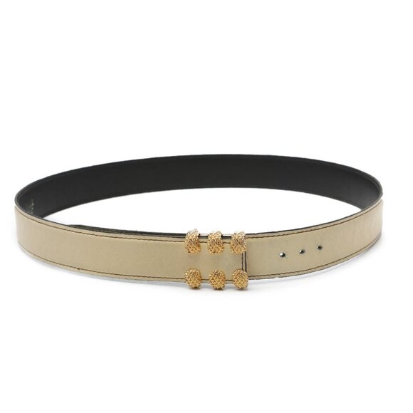 Vintage TILLA Leather Belt Gold Studded Claw Pin Buckle Italy 80s Cream Beige - Picture 5 of 9